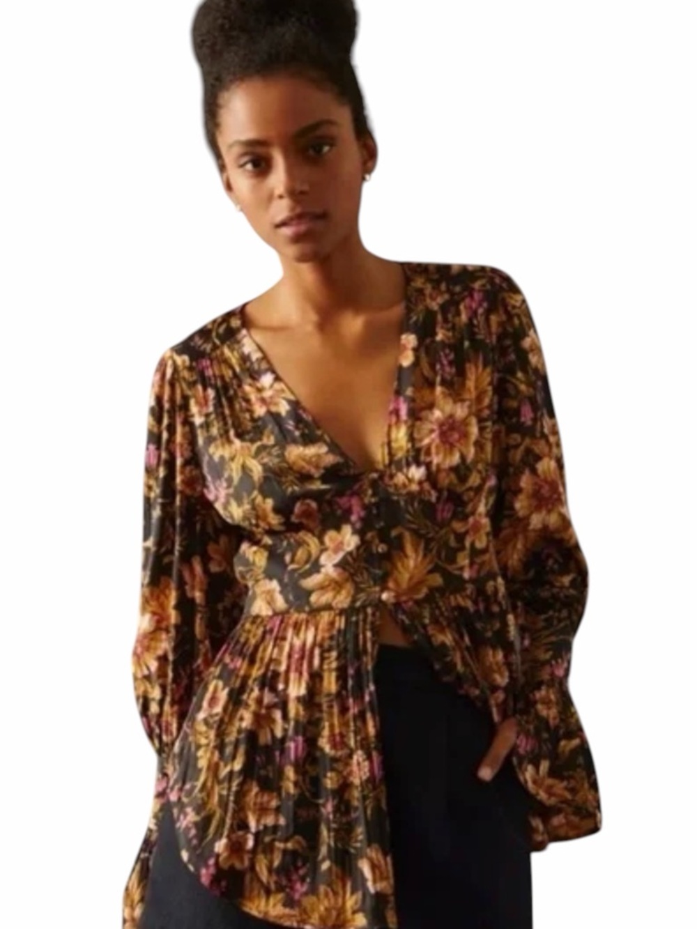 By Anthropologie Black Floral Deep V-Neck Blouse - Small